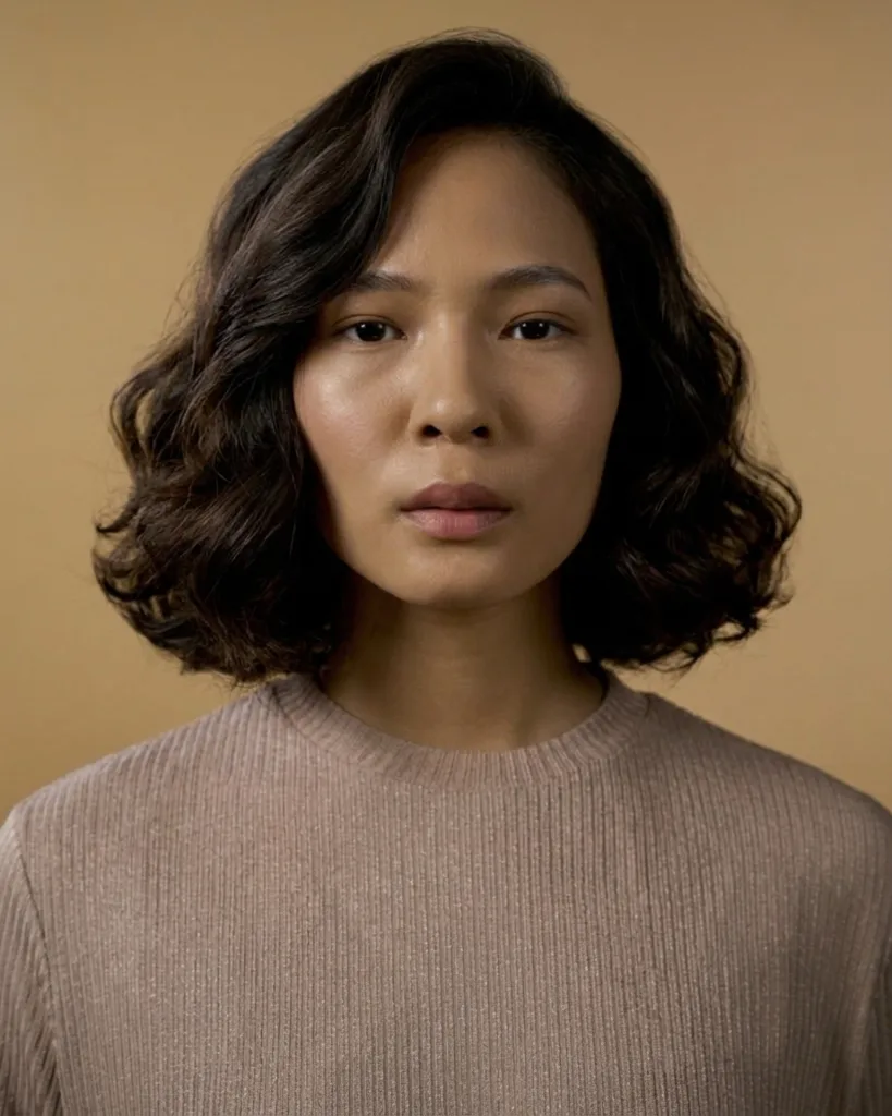 Chin-length bob with jawline fullness and side part.